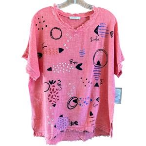 Jess &‎ Jane Medium fits Large Coral Fish Print Fringed V Neck Short Sleeve Top